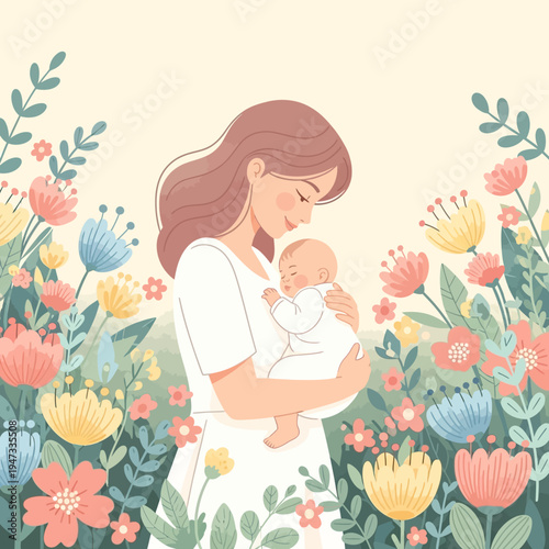 Mother holding newborn in a colorful flower garden
