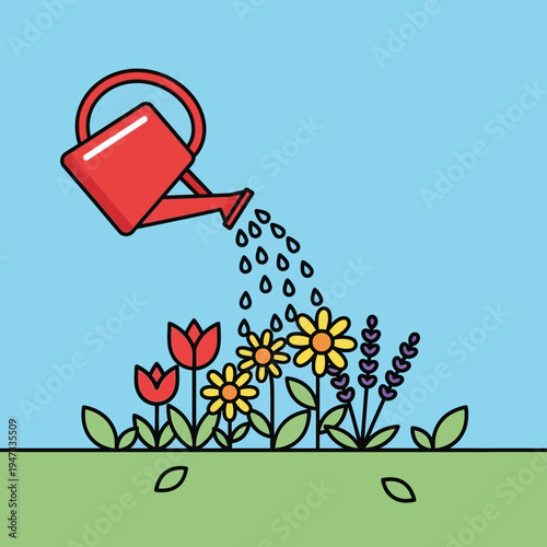 Watering can watering garden flowers with tulips daisies and lavender
