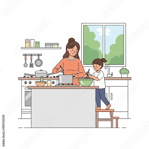 Mother and daughter cooking together in kitchen
