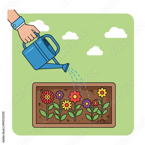 Hand Watering Flower Bed with Colorful Flowers in Planter Box