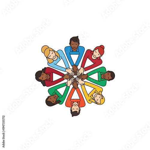 Diverse group of people joining hands together.