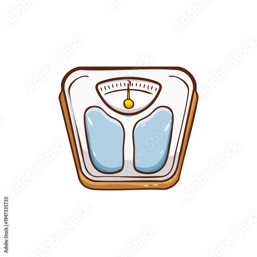 A vintage-style bathroom scale, designed in a cartoonish illustration, shows a needle pointing to zero, perfect for health and wellness themes