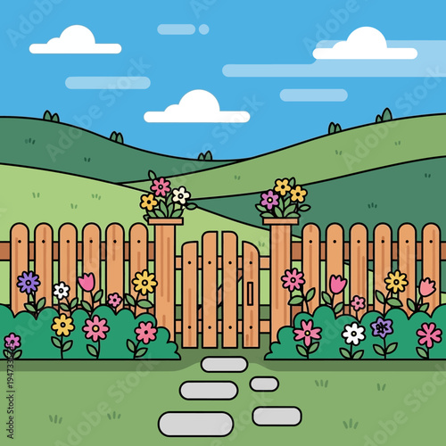 Garden Flower Bed with Wooden Fence and Rolling Hills