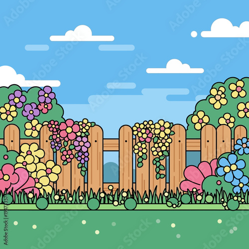 Flower Garden Fence with Sunny Sky and Clouds