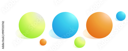 Glowing 3d glass spheres set in green blue and orange with soft gradients and realistic shadows isolated on white background for futuristic tech design elements