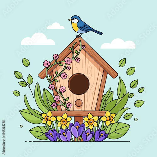 Birdhouse with flowering vines and spring flowers in garden