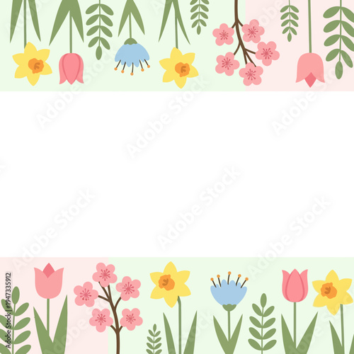 Floral Border with Spring Flowers and Leaves