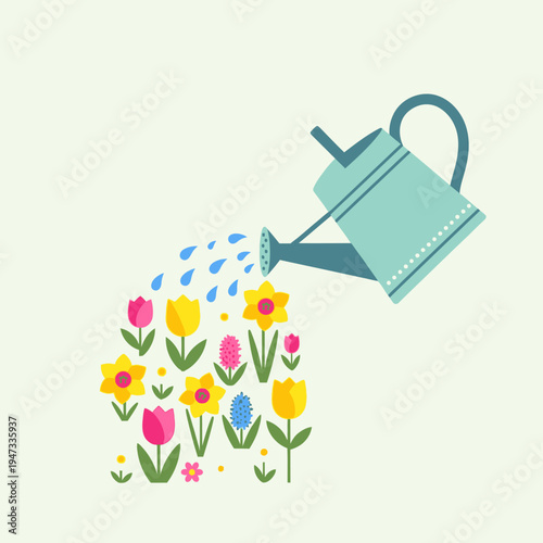 Watering Can Over Flower Garden for Spring