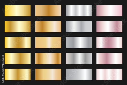 Shiny metallic collection graphic design on black background. Metallic foil texture silver, steel, chrome, gold, platinum, copper, bronze, pink gold gradient swatches, collection