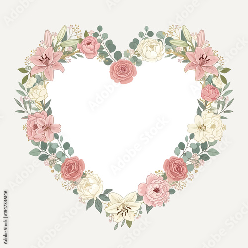 Floral Heart Frame with Pink and Cream Roses and Greenery