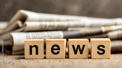 Wooden blocks spelling out the word news in front of a stack of folded newspapers symbolizing information, updates, and current events concept for media and journali