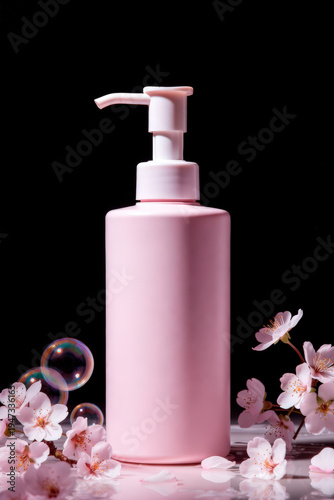 Pink Cosmetic Pump Bottle with Cherry Blossoms on Black Background