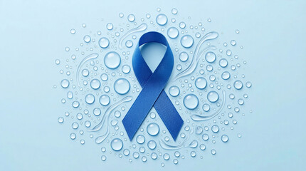 Blue awareness ribbon surrounded by water droplets on light background  