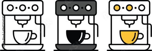 Minimalist illustration of three espresso machines in line art, dark gray, and yellow with coffee cups arranged horizontally