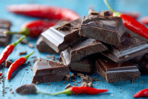 Dark chocolate pieces stacked and scattered on a blue surface surrounded by red chili peppers for a spicy and sweet flavor combination concept