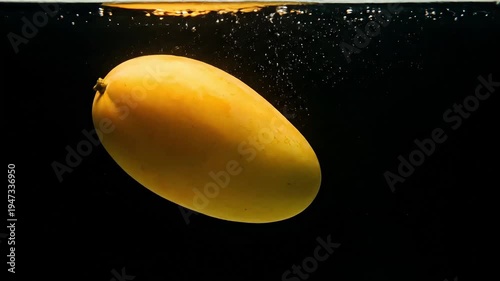 A vibrant yellow mango submerged in clear water against a dark background, creating a striking contrast.