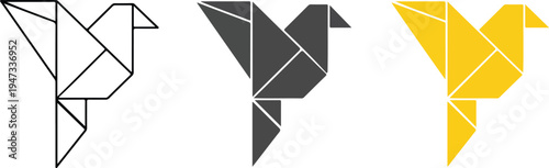 Minimalist origami bird illustration in line art, dark gray and yellow geometric paper style arranged horizontally on white