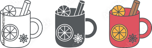 Minimalist mulled wine mug illustration set with cinnamon stick, citrus slice and star anise in line art gray and red