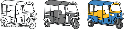 Minimalist tuk tuk vehicle illustration set showing line art, gray, and blue yellow auto rickshaw icons arranged horizontally