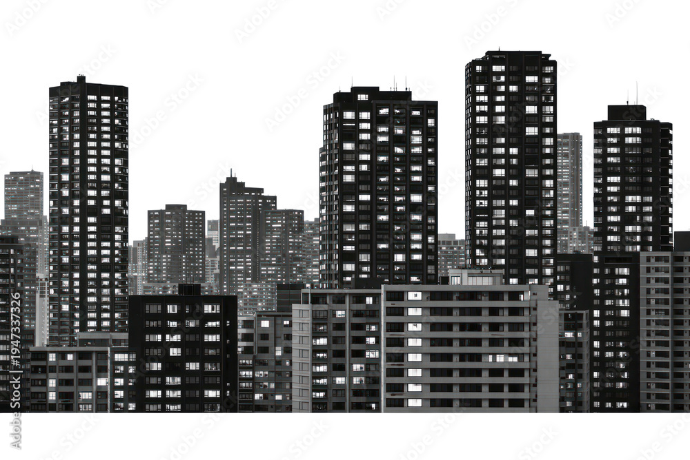 Fototapeta premium PNG Monochrome urban skyline silhouette.