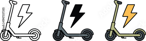 Minimalist electric scooter icon set with lightning bolt symbol in line art gray and green modern transport illustration
