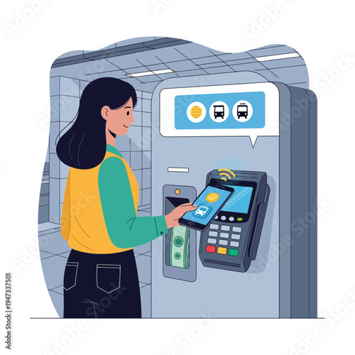 Woman using smartphone for contactless payment at a transport kiosk