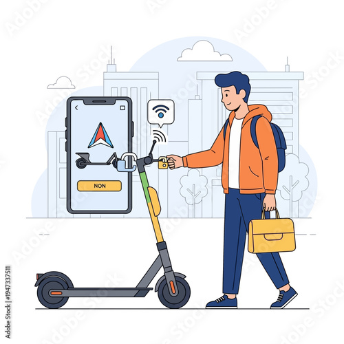 Man Unlocking Shared Electric Scooter with Mobile Phone App