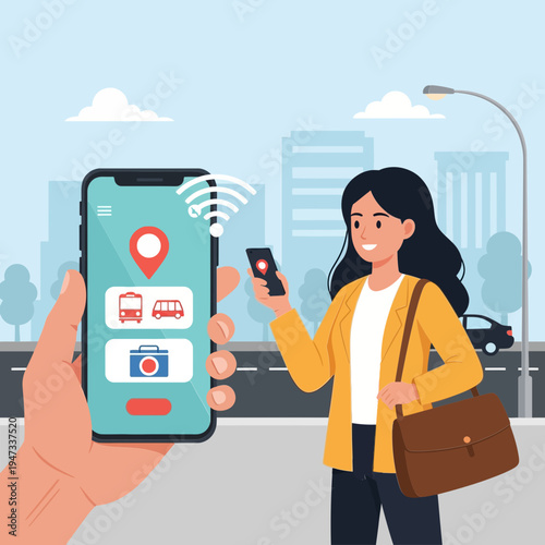 Woman using smartphone navigation app for city transport