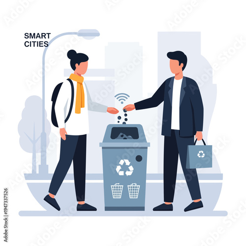 People Using Smart Recycling Bin in Urban Environment