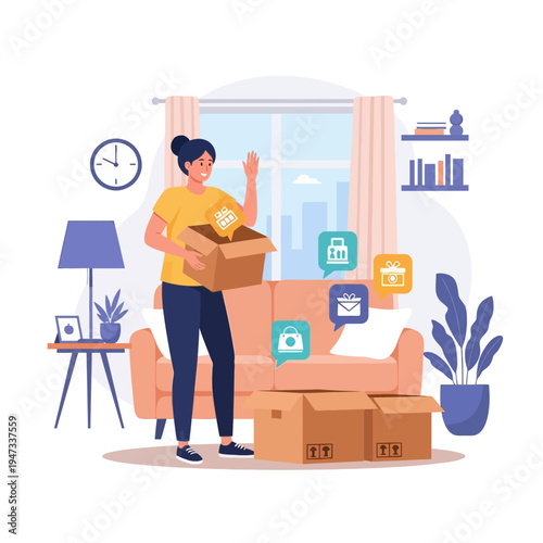 Happy Woman Unboxing Online Shopping Delivery at Home