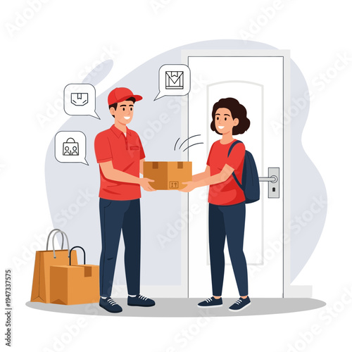 Delivery Courier Handing a Cardboard Package to a Female Customer