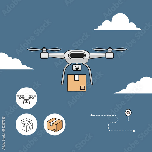 Autonomous Delivery Drone Transporting Package Vector Illustration