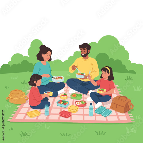 Happy family enjoying a picnic together in a green park