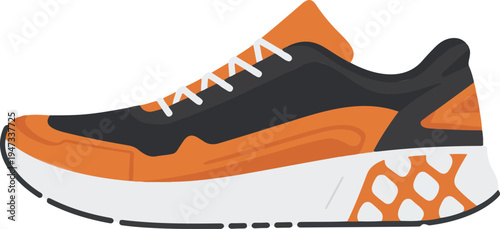 sometric illustration of modern running shoe with orange black upper geometric pattern and white sole athletic footwear