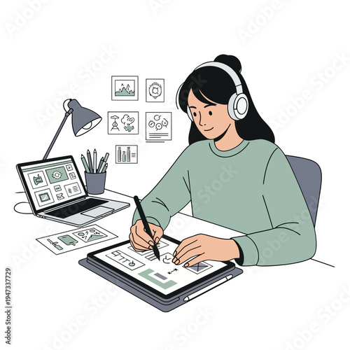 Freelance Female Graphic Designer Creating Digital Art on Tablet