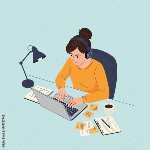 Freelance Woman Writer Typing on Laptop at Her Desk with Headphones