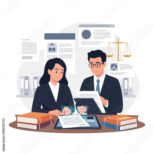 Lawyer and colleague reviewing legal documents at desk illustration