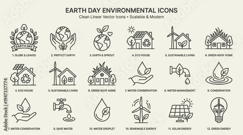 Outline Earth Day environmental icons including globe with leaves, eco house, water conservation, renewable energy symbols