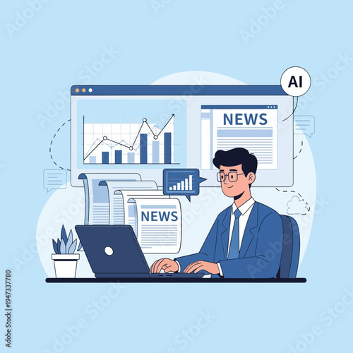 Journalist Researching Global News with AI Technology Assistant