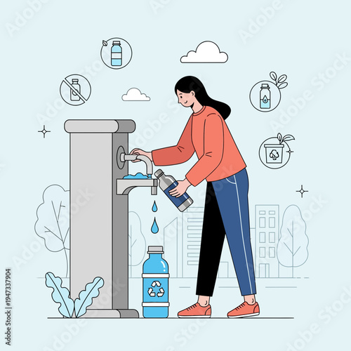 Woman refilling reusable water bottle at public drinking station
