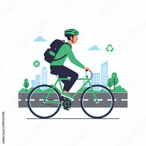 Eco-friendly urban commuting with man riding bicycle in city