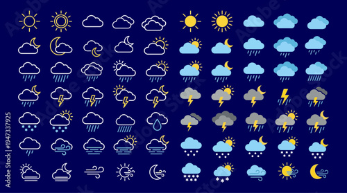 Set of weather icons, illustrating different weather conditions. Includes symbols for sun, clouds, rain, storms, and more
