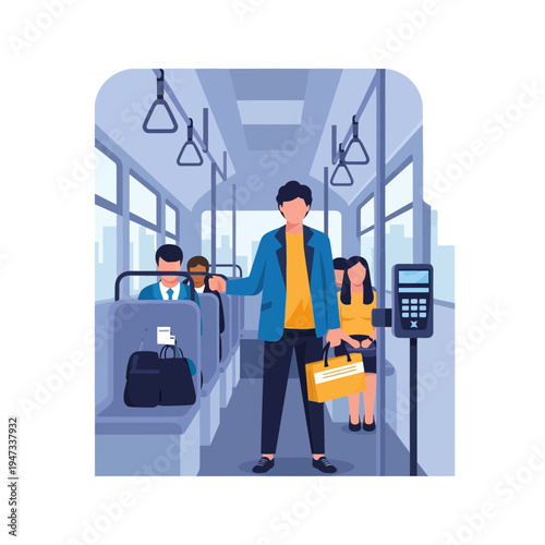 Man Paying Fare with Electronic Validator on Public Transport