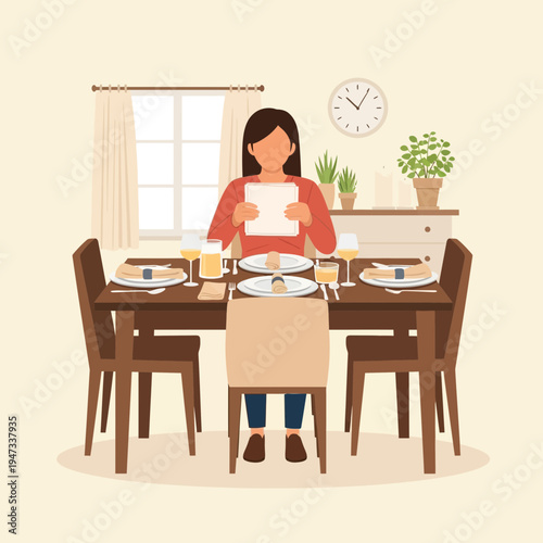 Woman Using Reusable Cloth Napkin at Home Dining Table