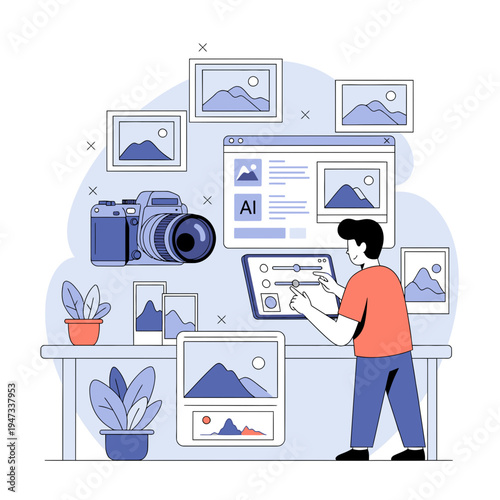 Photographer Editing Landscape Photos with AI Software on Tablet