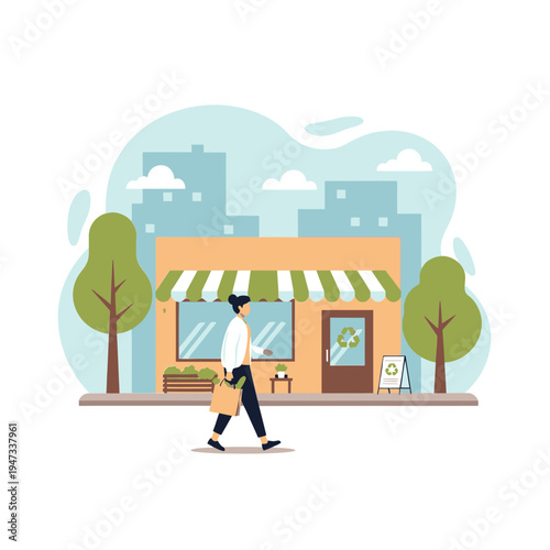 Woman walking from local eco-friendly shop with groceries