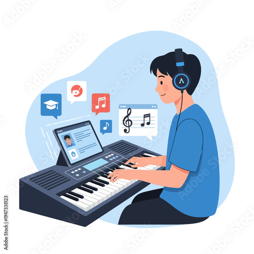 Student Learning Piano Online with Tablet and Headphones