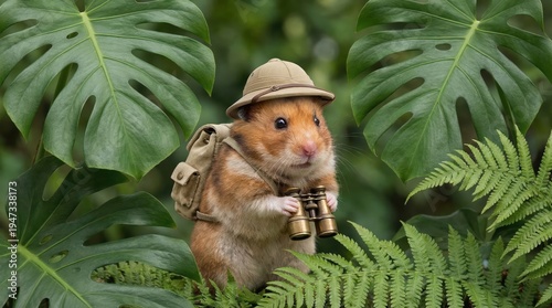 Enchanting image showcases a Syrian Hamster embarking on a whimsical adventure, adorned with a safari hat and backpack, peering through binoculars amidst lush tropical foliage in a transparent scene.