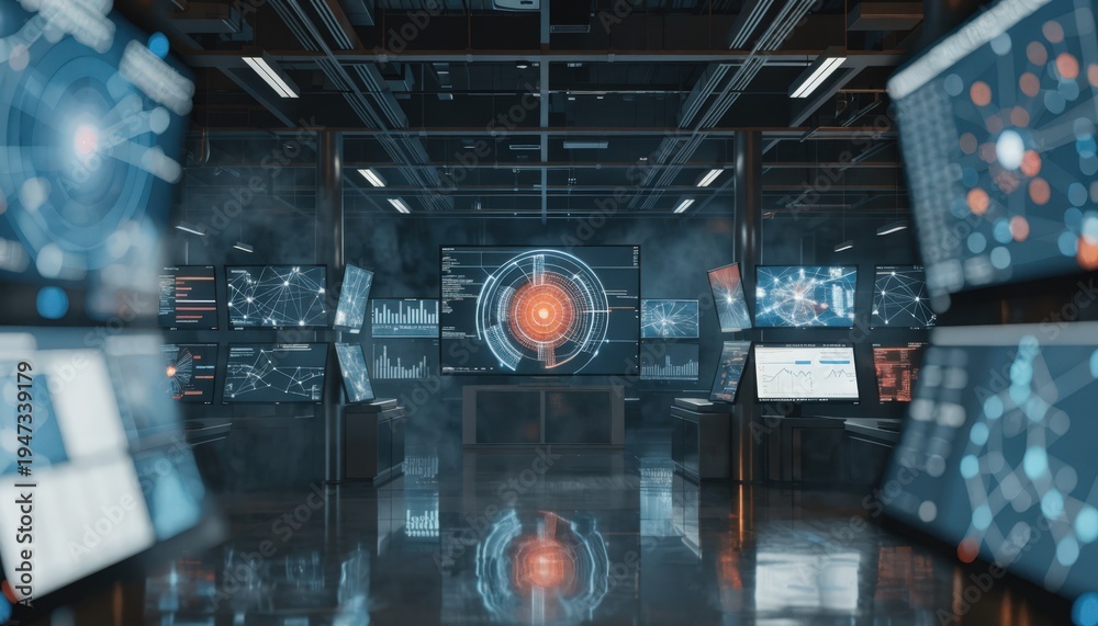 Fototapeta premium AIpowered credit scoring control center showing pilot sandbox environment on central monitor highlighted screens keep main visuals crisp with blurred surroundings.