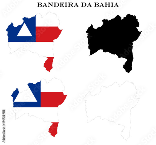 State Flag of Bahia Map Bundle with National Flag, Black Silhouette and Detailed Outline Contours